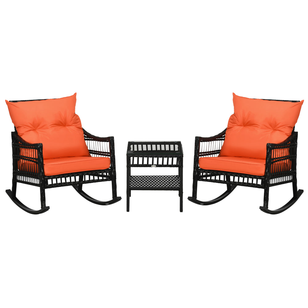 Bistro set with 2 PE rattan rocking chairs and a tempered glass table