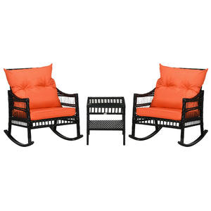 Bistro set with 2 PE rattan rocking chairs and a tempered glass table