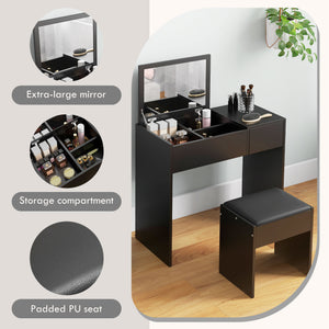 Modern dressing table with folding mirror and padded stool, black