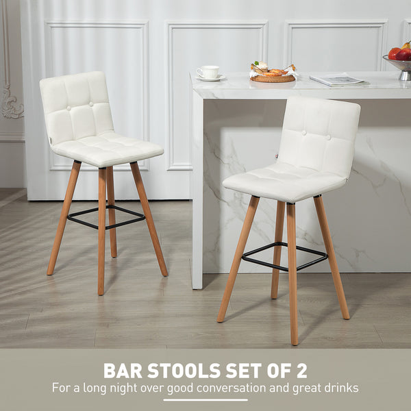 Set of 2 padded bar stools with solid wood legs, white