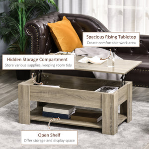Lift-top coffee table with hidden storage compartment and open shelf, gray
