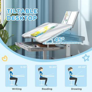 Height-adjustable desk and chair set with tilting top, gray