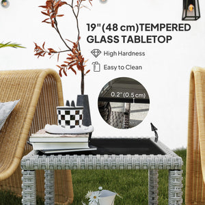 48cm Outdoor Wicker Coffee Table with Glass Top and Storage Shelf for Garden, Porch, Balcony, Patio, Dark Grey