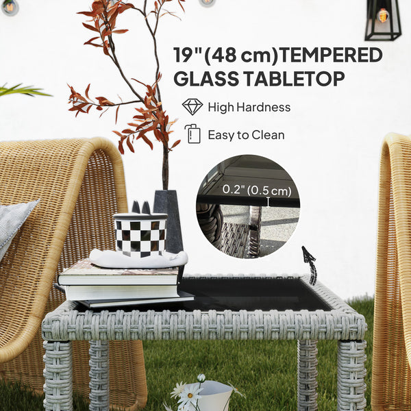 48cm Outdoor Wicker Coffee Table with Glass Top and Storage Shelf for Garden, Porch, Balcony, Patio, Dark Grey