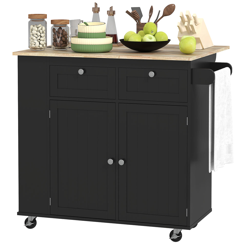 Kitchen island with power outlet and drop leaf, 2 drawers and adjustable shelves, black