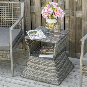 Square side table in woven rattan with parasol hole and 2-tier storage