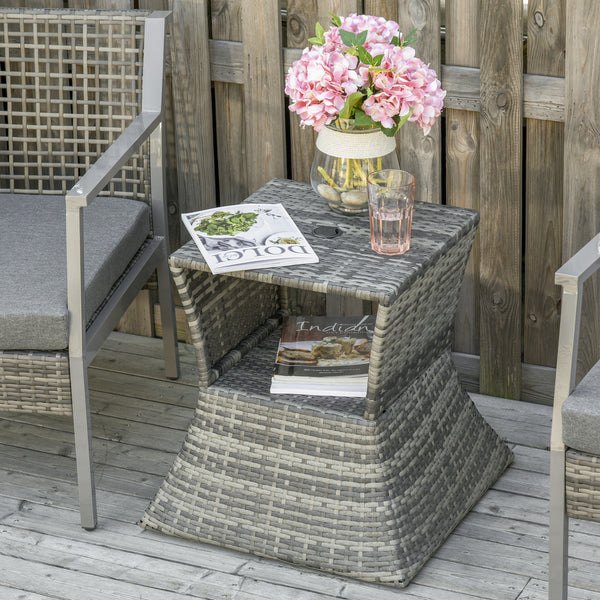 Square side table in woven rattan with parasol hole and 2-tier storage