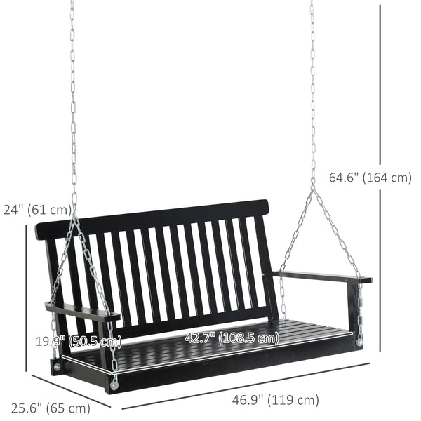 2-Seater Patio Swing Chair, Fir Wooden Porch Swing with Slatted Design, Hanging Chains for Outdoor, Garden, Black