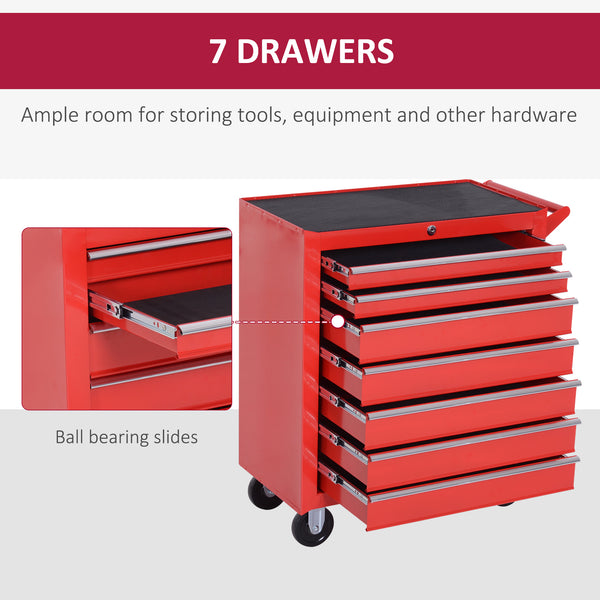 Mobile tool chest with 7 lockable drawers and handle, red.