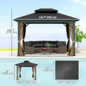 10' x 12' Hardtop Gazebo, Sun Shelter with Two-Tier Metal Roof, Mosquito Netting and Hanging Hook, Dark Brown