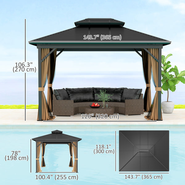 10' x 12' Hardtop Gazebo, Sun Shelter with Two-Tier Metal Roof, Mosquito Netting and Hanging Hook, Dark Brown