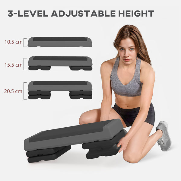 Adjustable exercise platform, 3 levels with risers (10, 15 and 20 cm), gray