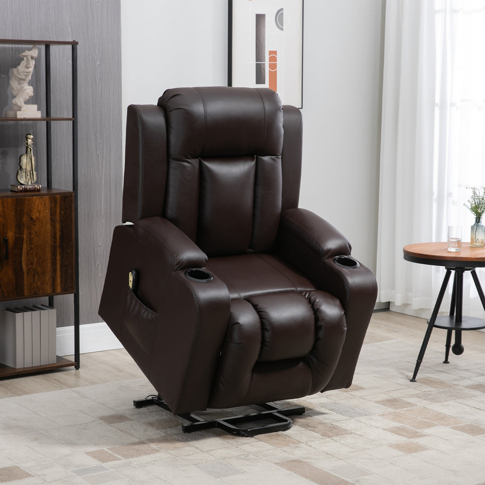 Electric lift chair in synthetic leather with footrest, brown
