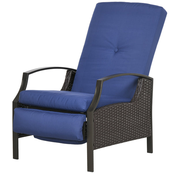Outdoor Rattan Recliner Chair with Adjustable Backrest and Retractable Footrest, Dark Blue