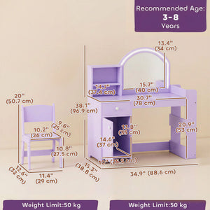Children's vanity with dual-tone LED mirror, storage, and chair, mauve