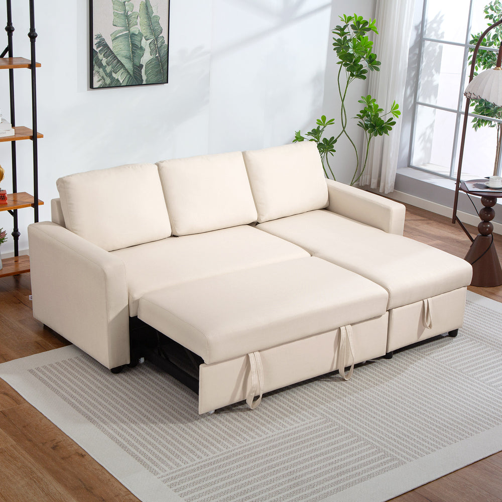 Convertible sectional sofa bed with reversible chaise and storage, cream