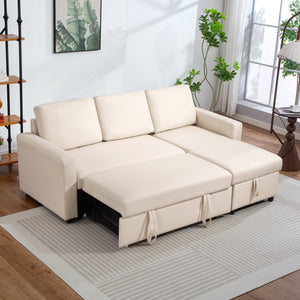 Convertible sectional sofa bed with reversible chaise and storage, cream