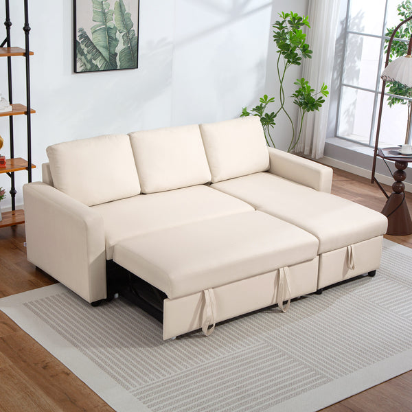 Convertible sectional sofa bed with reversible chaise and storage, cream