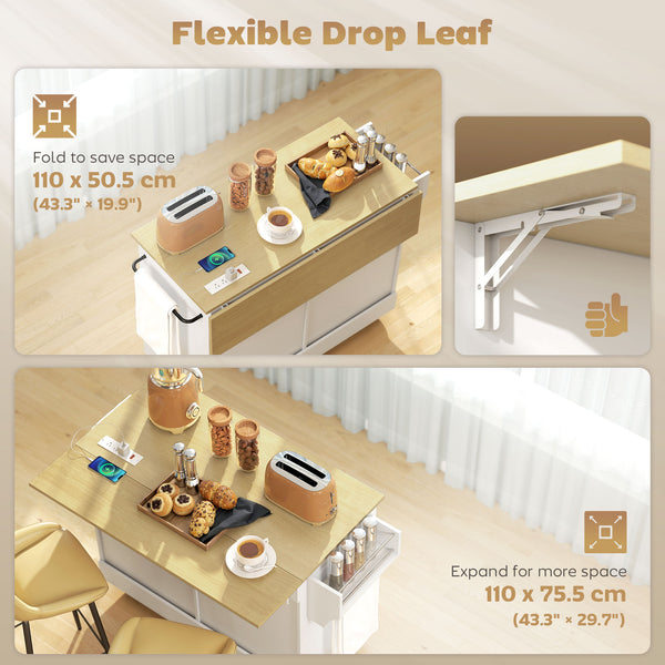 White mobile kitchen island with fold-down countertop, electrical outlets and storage
