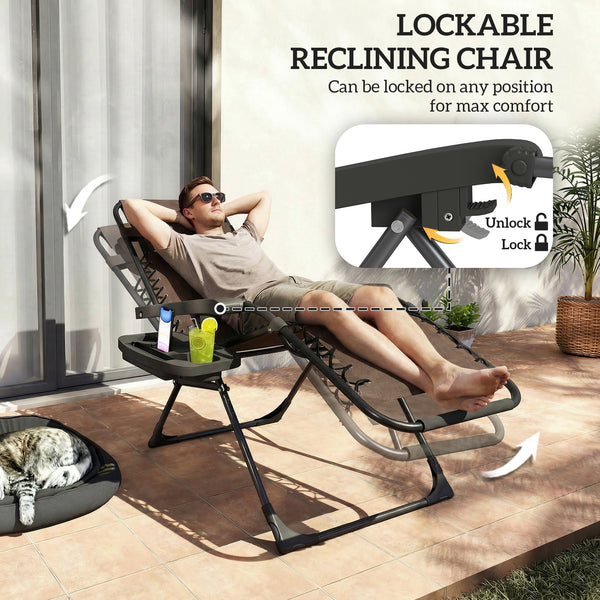 Set of 2 Zero Gravity Outdoor Lounge Chairs, Folding and Reclining, with Cup Holder and Headrest, Brown
