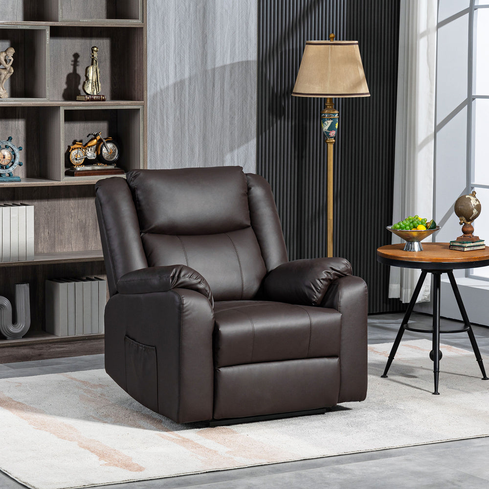 Faux Leather Recliner Chair with Footrest and 2 Side Pockets, Brown
