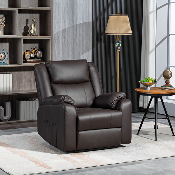 Faux Leather Recliner Chair with Footrest and 2 Side Pockets, Brown
