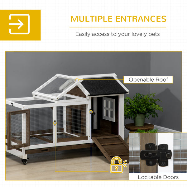 Rabbit hutch with wheels, ramp, run, and tray for indoor and outdoor use