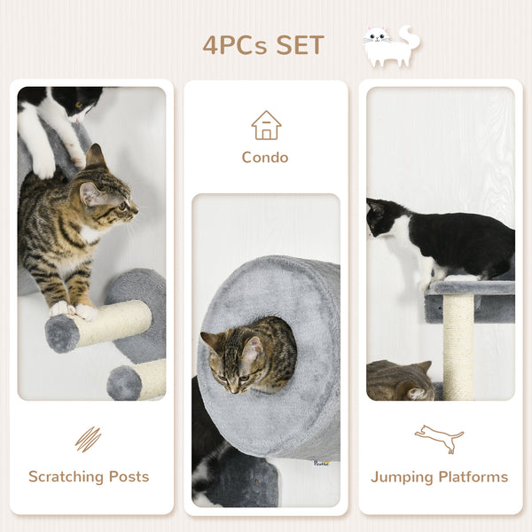 Wall-mounted cat shelves with a hideaway, cushion, scratching post and jumping platform, grey