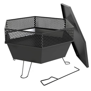 Outdoor Fire Pit 50 cm with Poker and Lid, Portable Fire Pit, Black