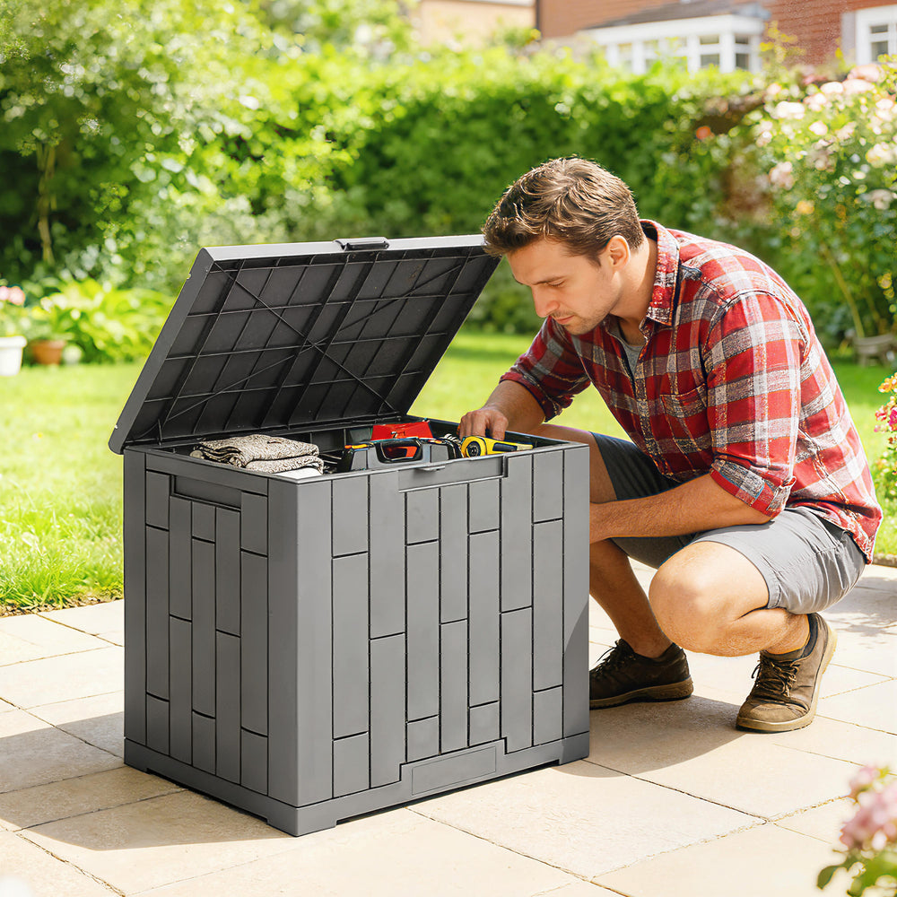 30-Gallon Outdoor Resin Storage Deck Box, Lockable, Splash-Proof, and UV-Resistant.
