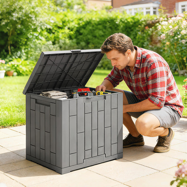 30-Gallon Outdoor Resin Storage Deck Box, Lockable, Splash-Proof, and UV-Resistant.