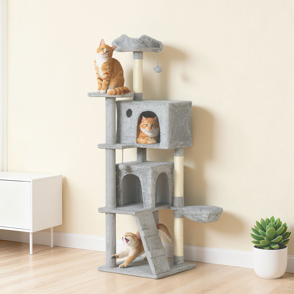 160cm Cat Tree with Scratching Posts, Cabins, Perches, Hammock, Ladder, Light Grey