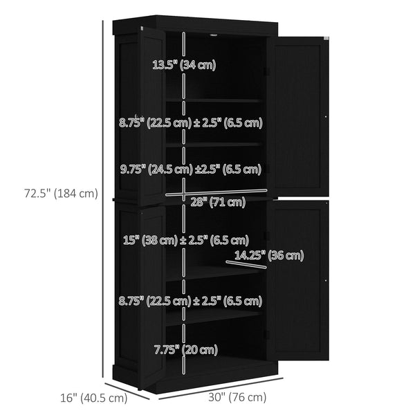 72.5" Freestanding Kitchen Cabinet with 4 Doors, Black