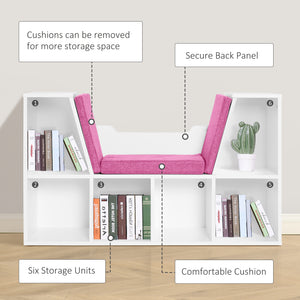 6 Compartment Bookcase with Seat Cushion for Reading Nook, Pink