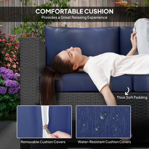 3 Seater Rattan and Wicker Sofa, Outdoor Garden Furniture with Cushion, Navy Blue