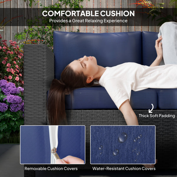 3 Seater Rattan and Wicker Sofa, Outdoor Garden Furniture with Cushion, Navy Blue