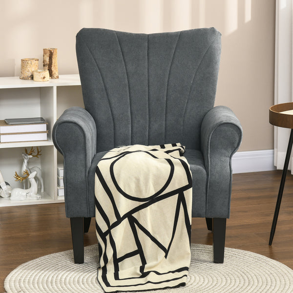Modern fabric accent chair with wooden legs, dark gray