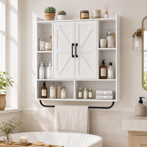 Bathroom wall cabinet with adjustable shelf and towel rack, white