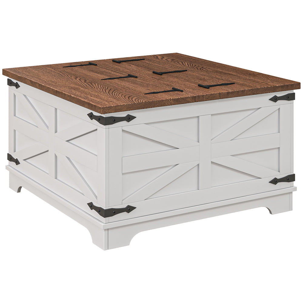 Farmhouse Style Square Coffee Table with Hinged Lids, White
