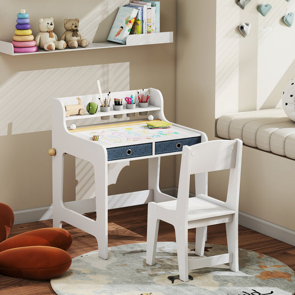 Table and chair set with storage shelf and drawers, white