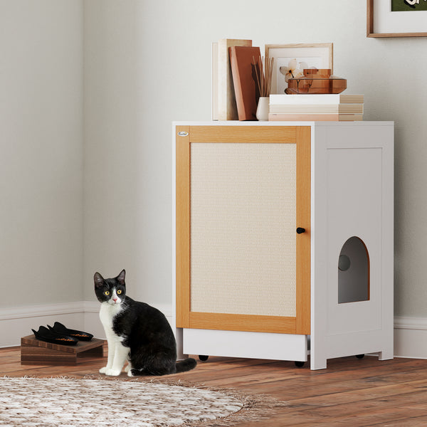 Litter box cabinet with sliding drawer, oak color.