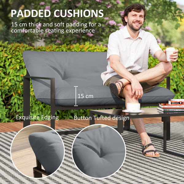 4 Piece Outdoor Furniture Set, Patio Conversation Set with Tempered Glass Table, Loveseat, 2 Chairs and Cushions, Grey