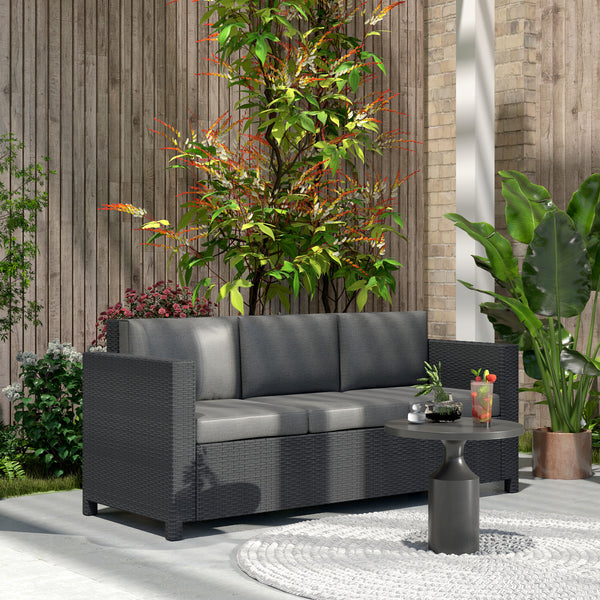 Canapé d’extérieur 3 places en rotin et osier gris avec coussin confortable, mobilier de jardin idéal pour espace extérieur moderne