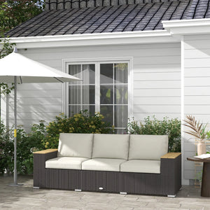 Canapé de patio 3 places en rotin synthétique blanc crème avec coussins confortables et accoudoirs en similibois, parfait pour terrasse moderne