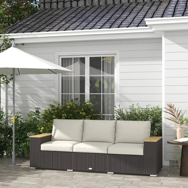 Canapé de patio 3 places en rotin synthétique blanc crème avec coussins confortables et accoudoirs en similibois, parfait pour terrasse moderne