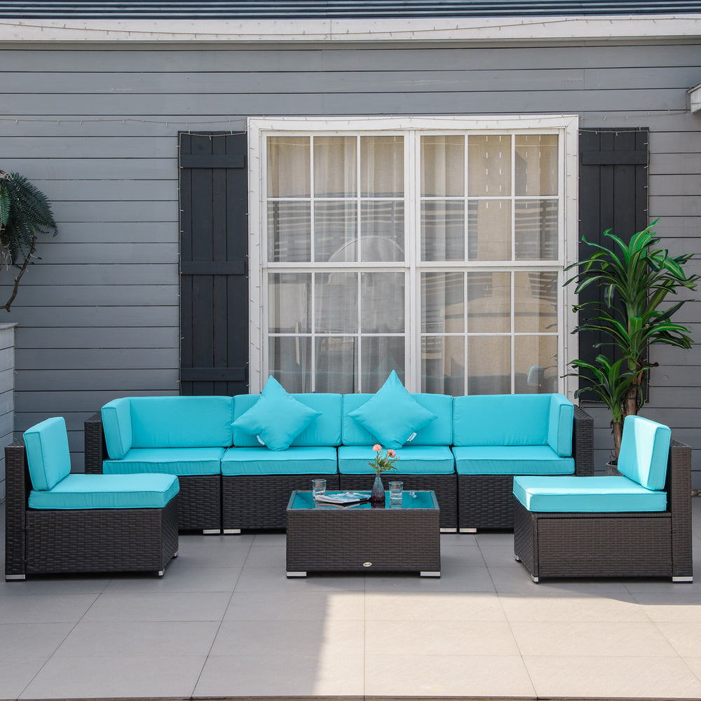 Ensemble sectionnel de jardin 7 pièces en osier café foncé avec coussins bleu clair, mobilier d’extérieur confortable et modulable


