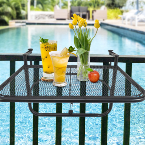 Adjustable metal balcony table, rectangular serving table, black