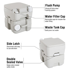 Portable travel toilet, detachable tank with flush, 20 liters