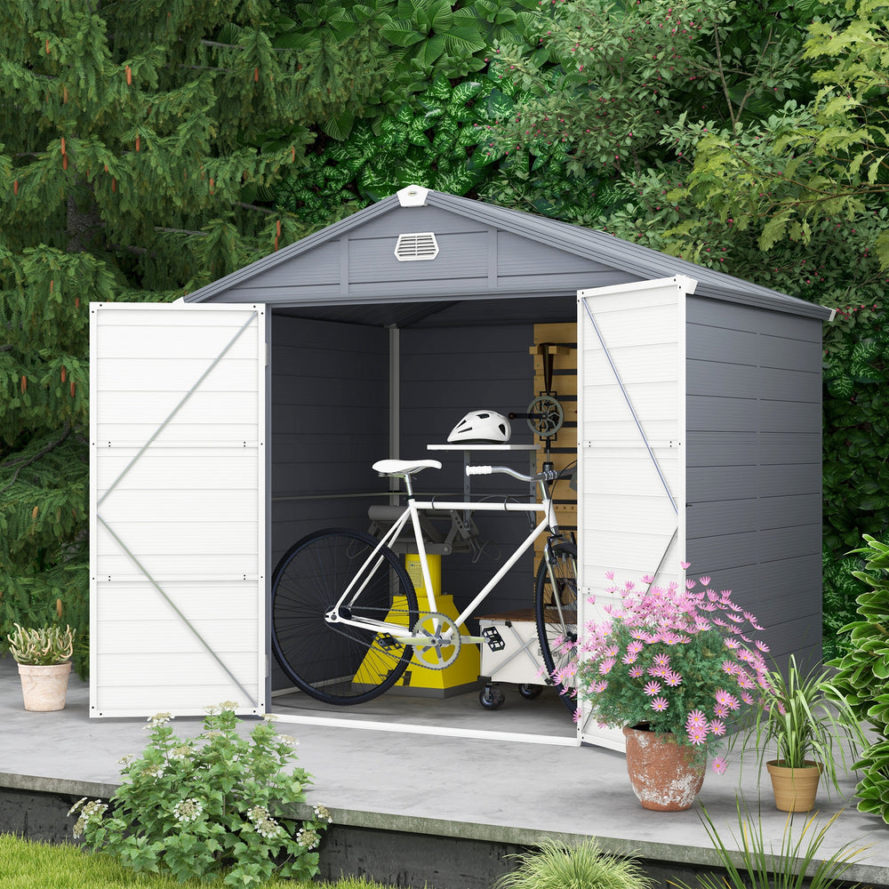 Plastic garden shed with latch door, ventilation, sloping roof, light grey