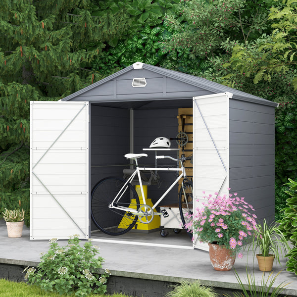 Plastic garden shed with latch door, ventilation, sloping roof, light grey
